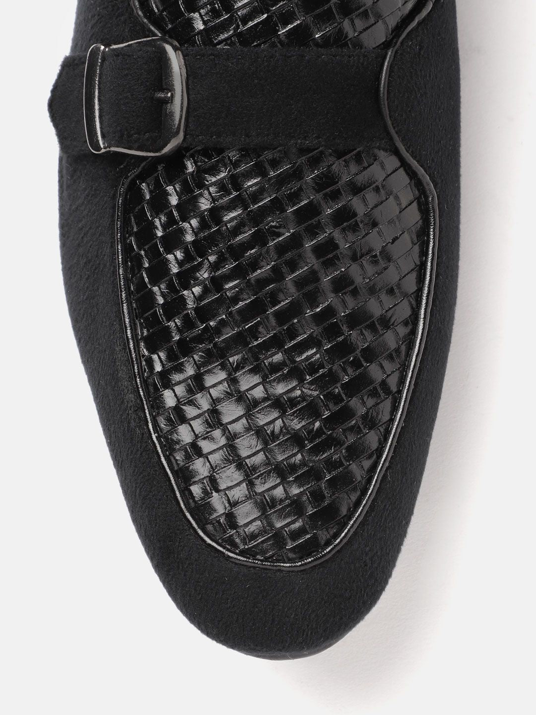 House of Pataudi Men Black Basketweave Textured Handcrafted Leather Loafers
