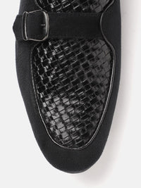 House of Pataudi Men Black Basketweave Textured Handcrafted Leather Loafers