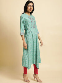 W Sea Green & Red Ethnic Printed Keyhole Neck Thread Work Asymmetric A-Line Kurta