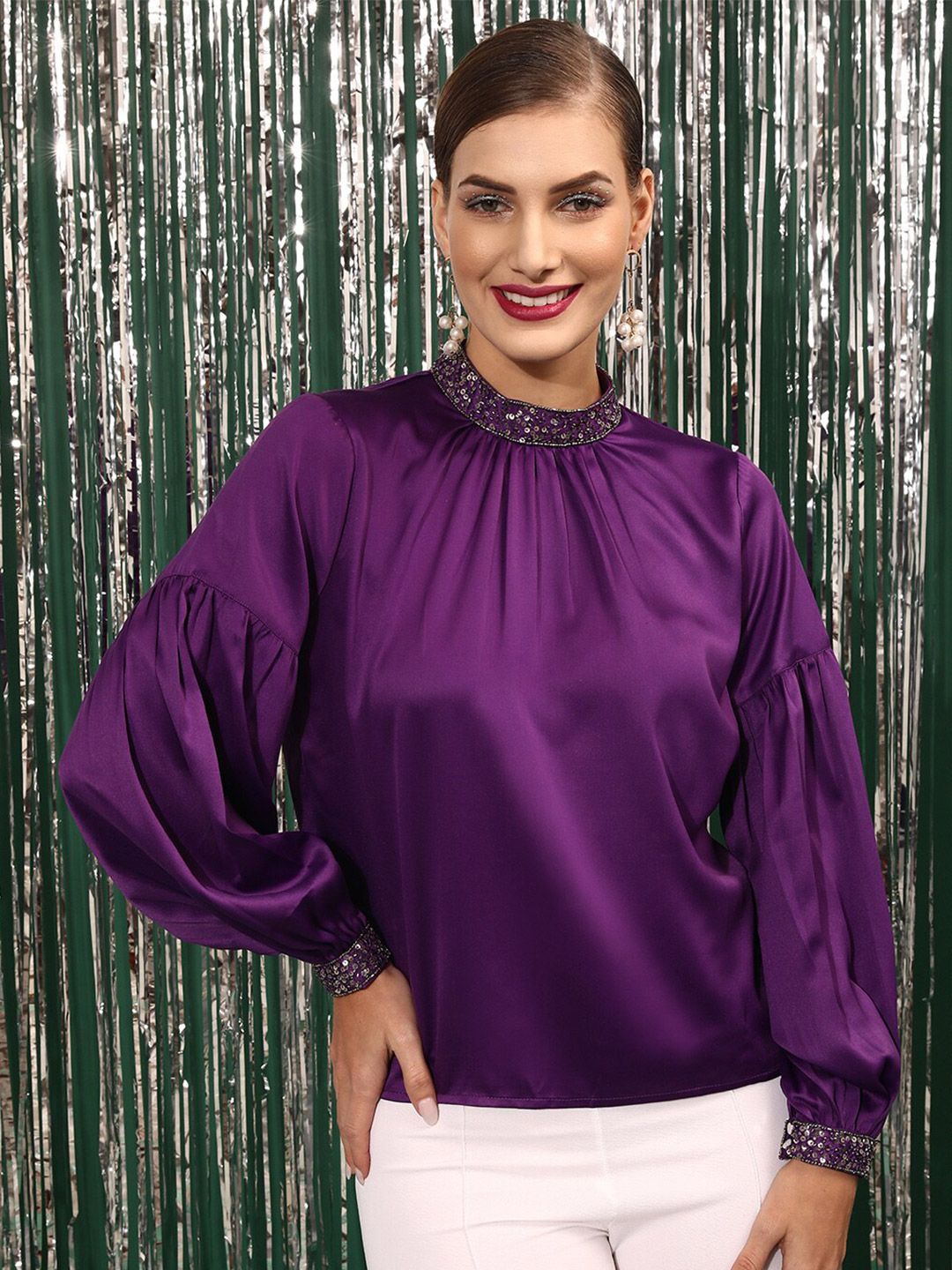 STREET 9 High Neck Sequined Gathered Puff Sleeves Top