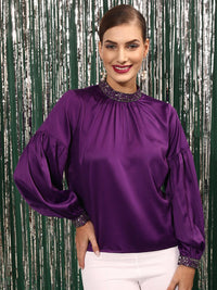 STREET 9 High Neck Sequined Gathered Puff Sleeves Top