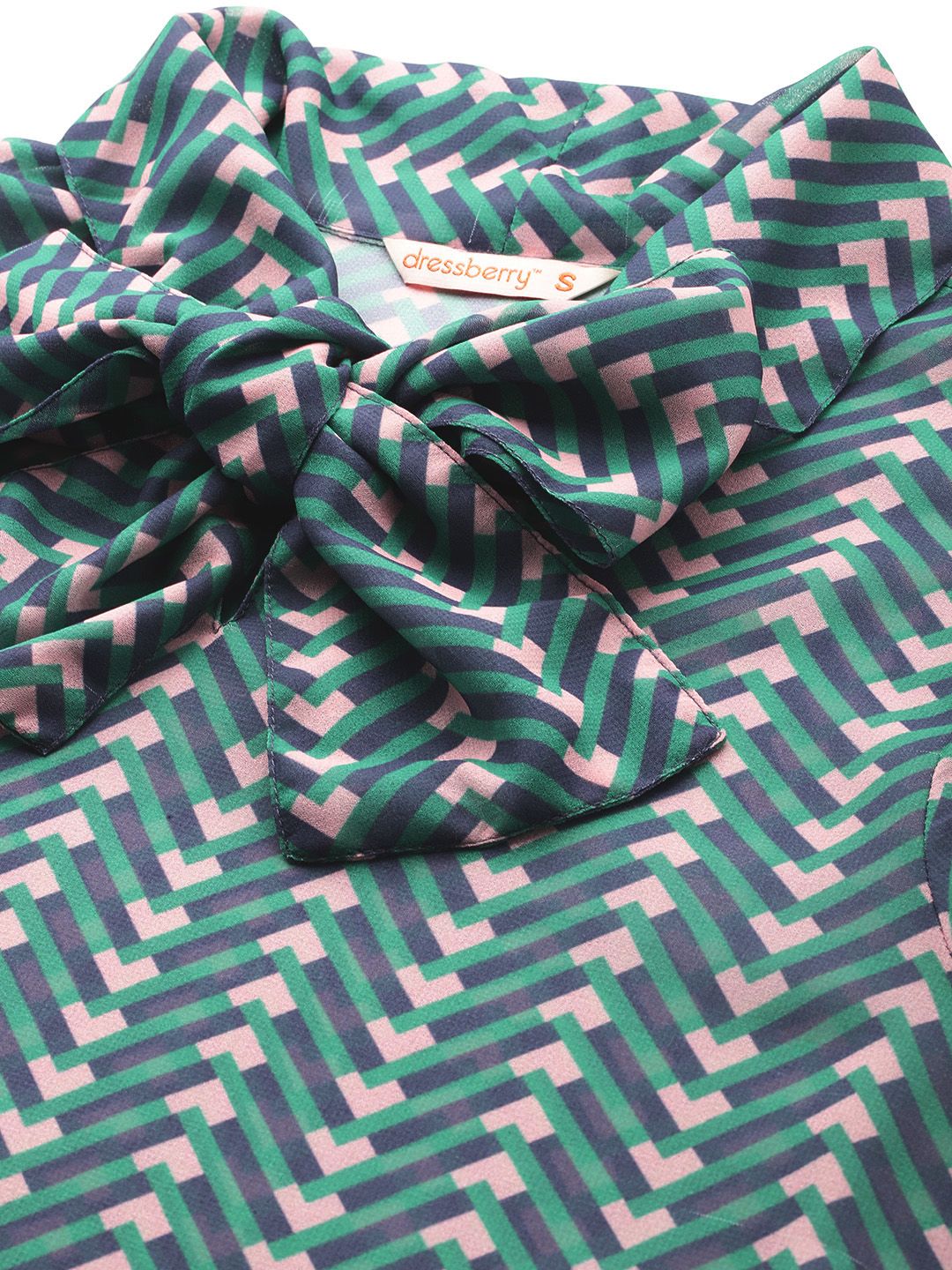 DressBerry Geometric Print Tie-Up Neck Puff Sleeves Top