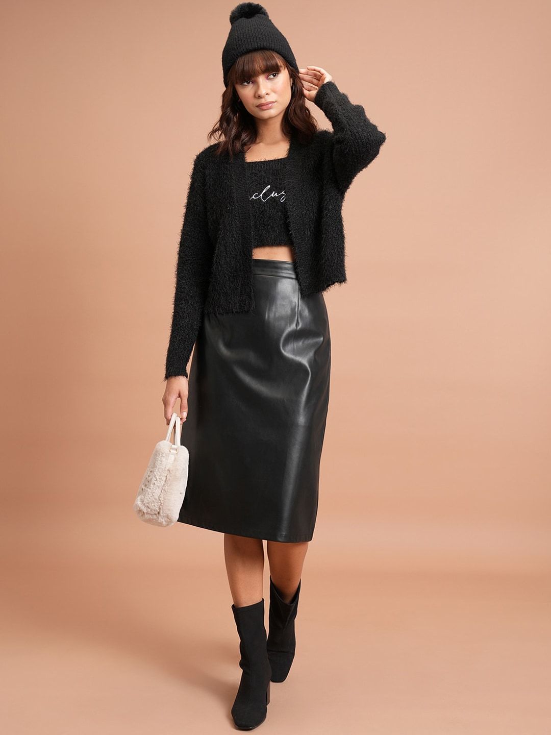 Tokyo Talkies Faux Fur Detail Shoulder Straps Acrylic Crop Top With Cardigan