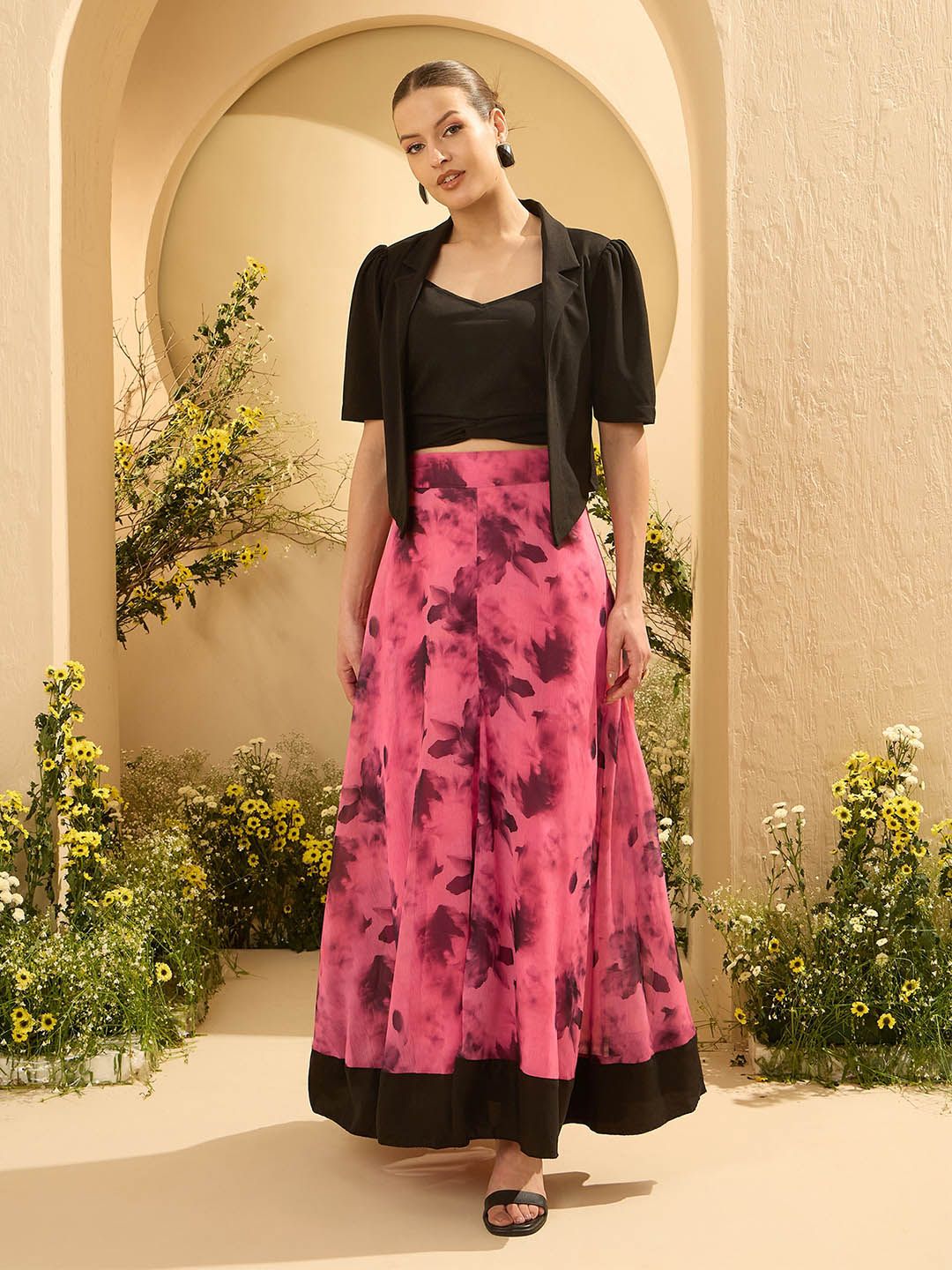 Antheaa Sleeveless Crop Top With Skirt And Jacket