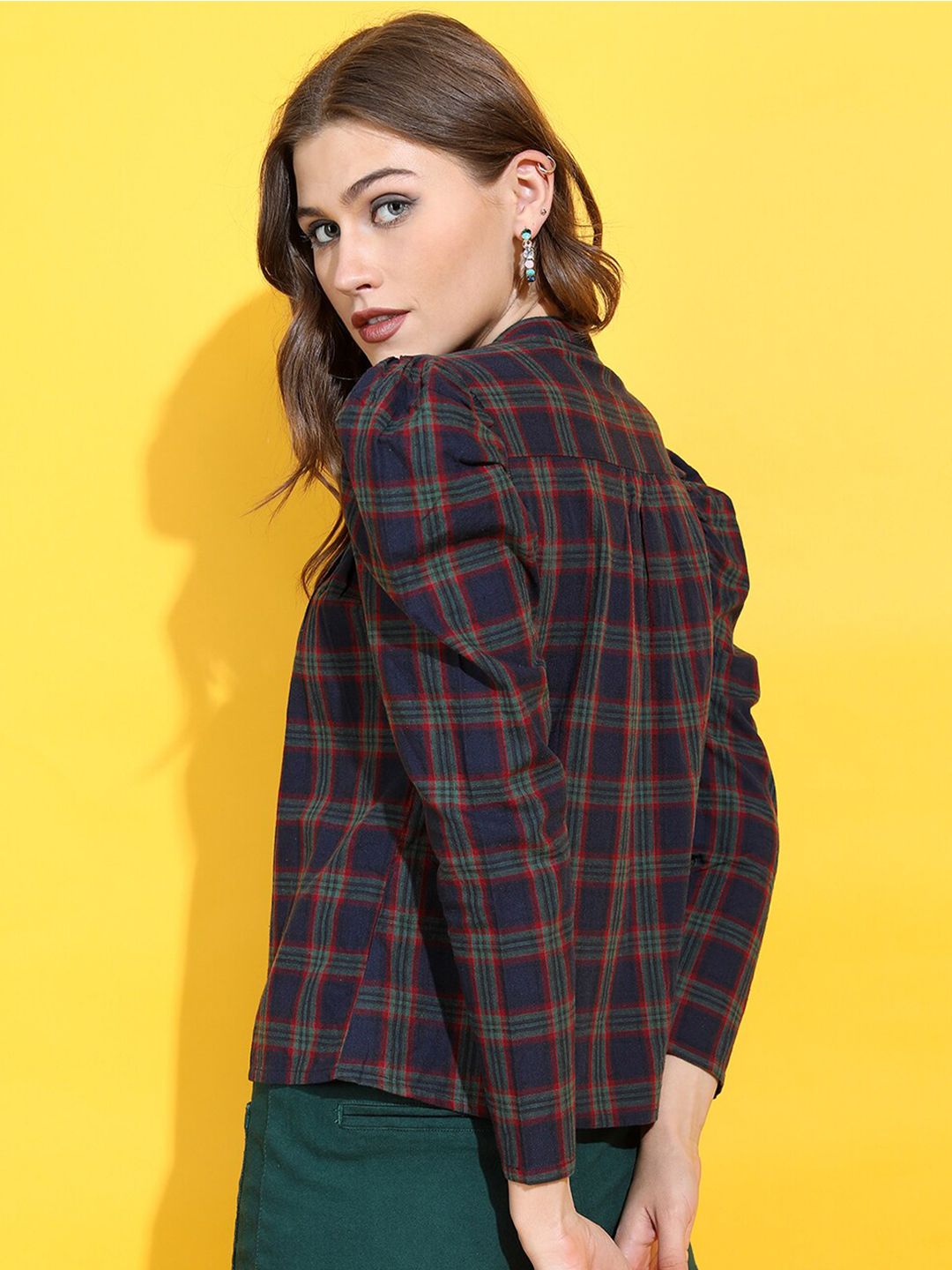 Tokyo Talkies Navy Blue Checked Mandarin Collar Pure Cotton Shirt Style Top