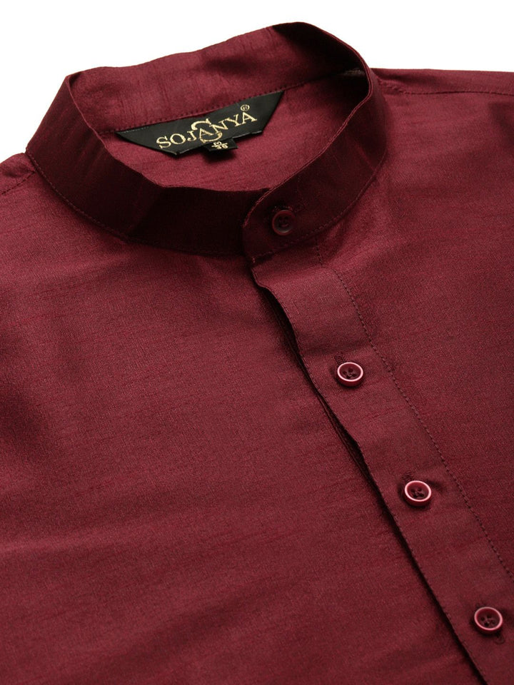 SOJANYA Men Maroon & Mustard Yellow Kurta with Churidar And Nehru Jacket