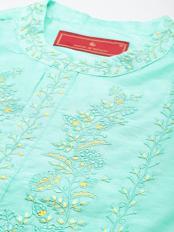 House of Pataudi Mandarin Collar Floral Embroidered Jashn Kurta