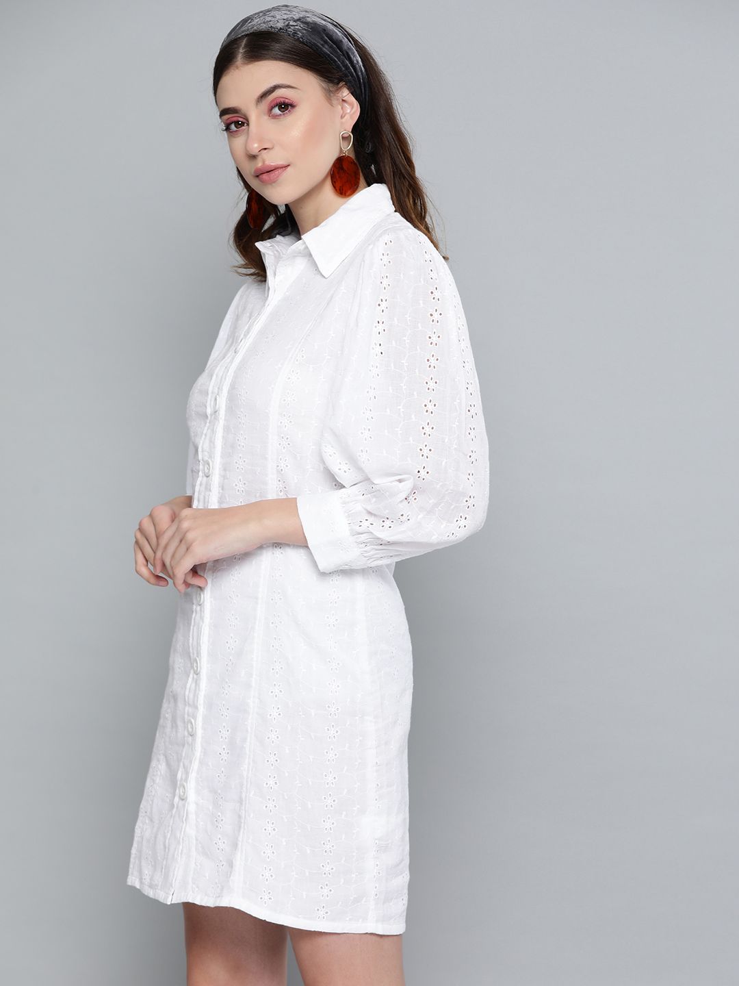 SASSAFRAS Women White Schiffli Embroidered Shirt Dress