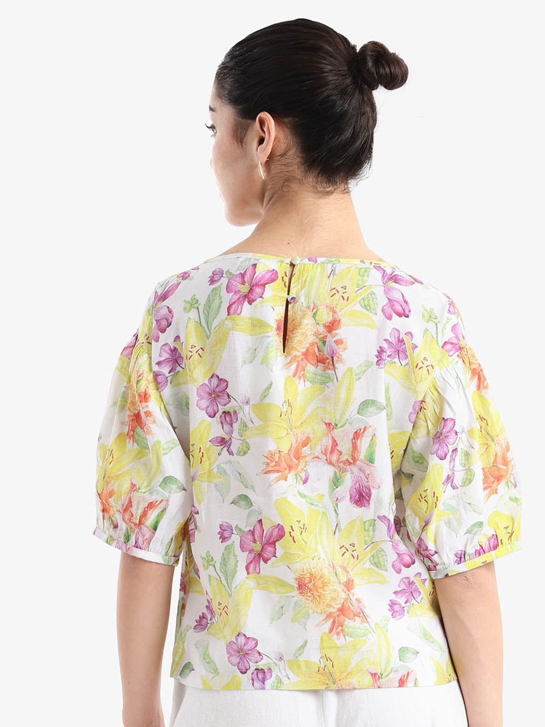 RAREISM Floral Print Puff Sleeve Styled Back Top
