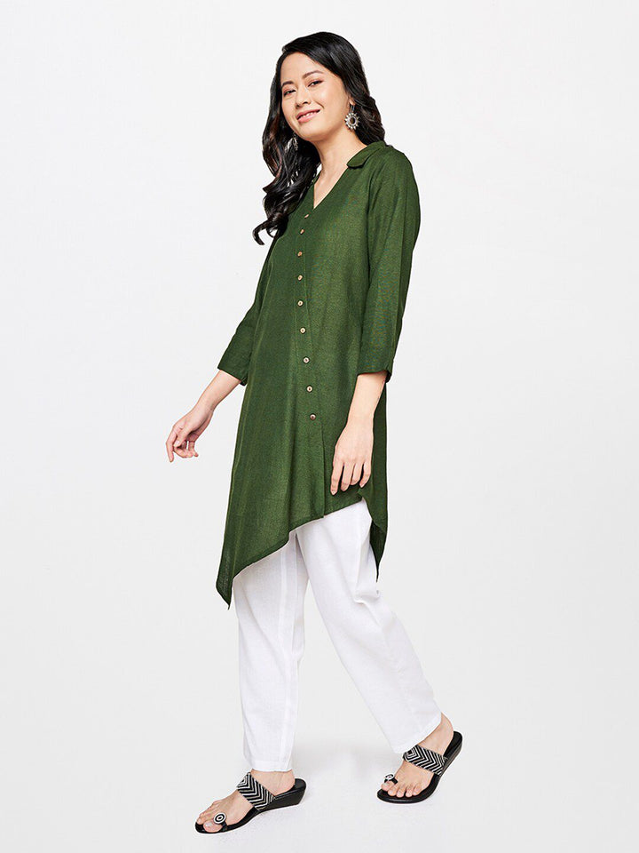 Global Desi Olive Green Viscose Rayon Shirt Collar Tunic