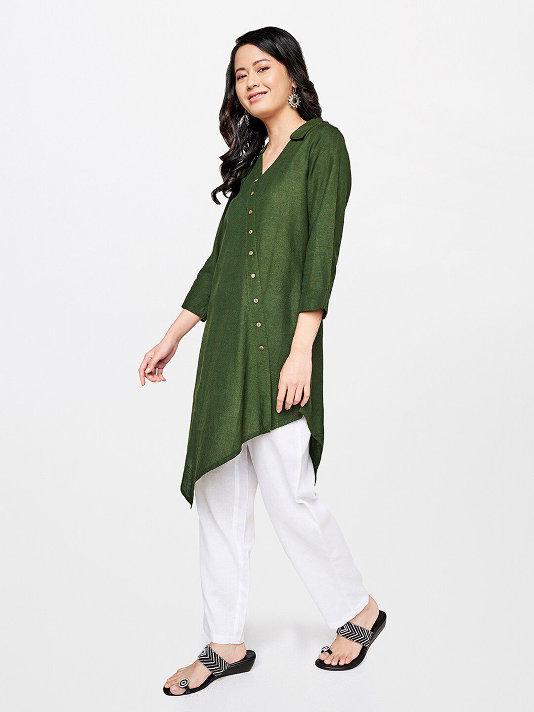 Global Desi Olive Green Viscose Rayon Shirt Collar Tunic