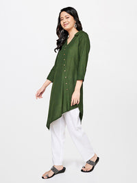 Global Desi Olive Green Viscose Rayon Shirt Collar Tunic