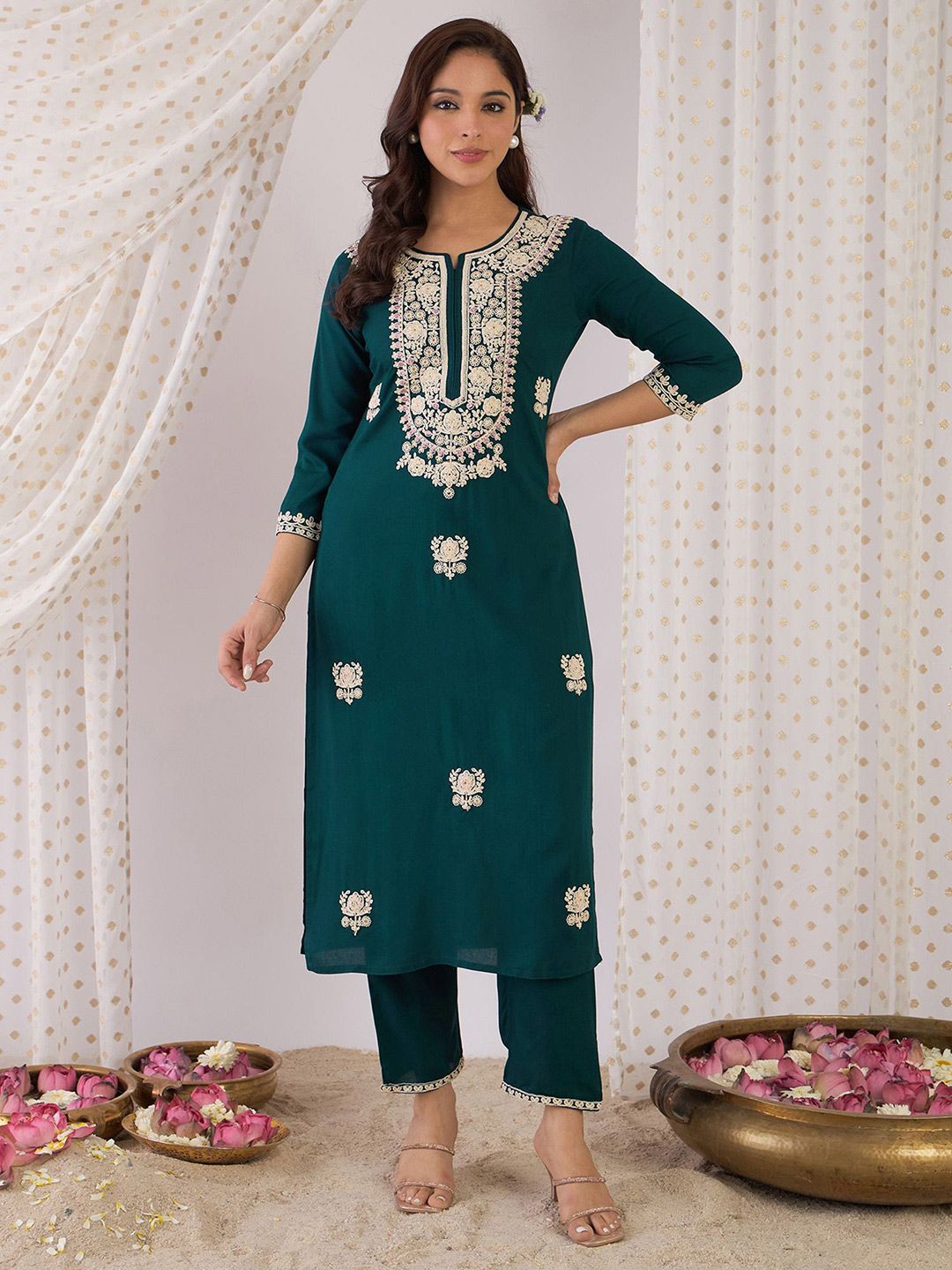 Indo Era Embroidered Round Neck Tunic With Trouser