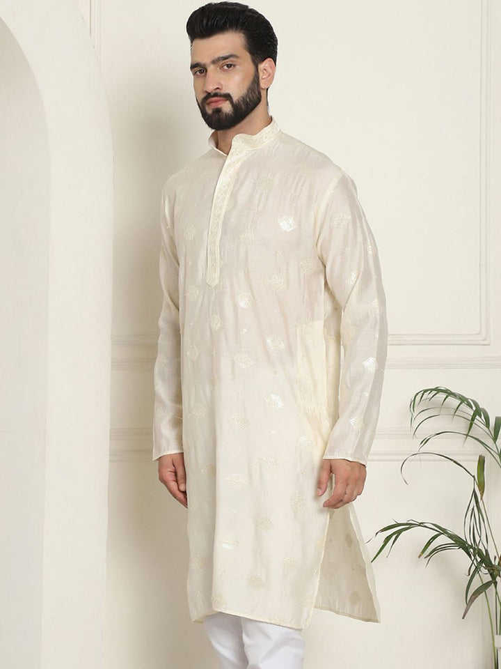 SOJANYA Kurta Lurus Sutera Berhias Geometrik Kolar Mandarin Kapas