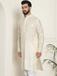 SOJANYA Kurta Lurus Sutera Berhias Geometrik Kolar Mandarin Kapas