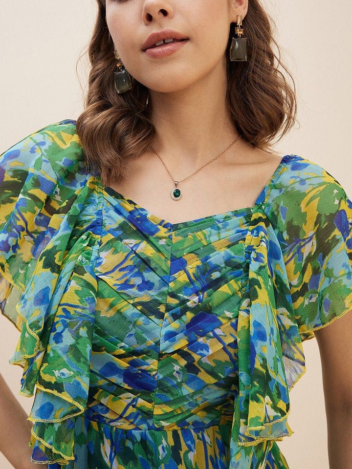 Antheaa Green Floral Print Flutter Sleeve Chiffon Fit & Flare Dress