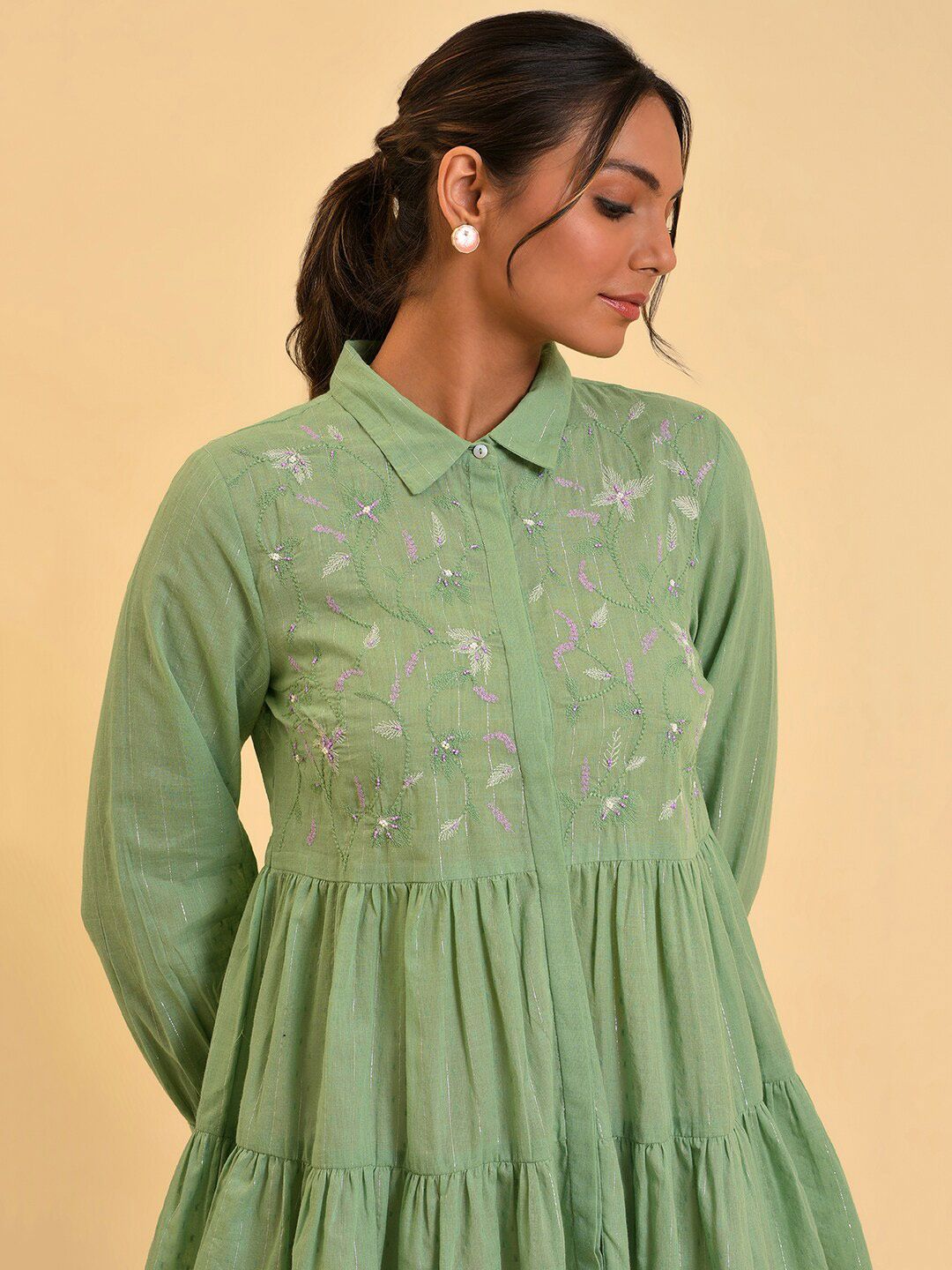 W Green Floral Printed Cotton Shirt Style Top