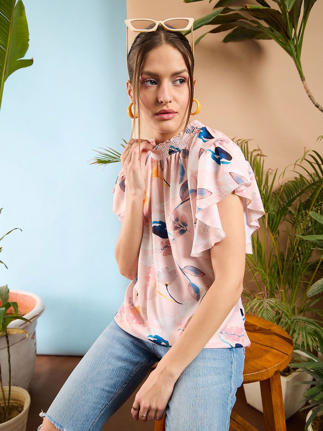 SASSAFRAS Floral Printed Flared Sleeve Smocked Top