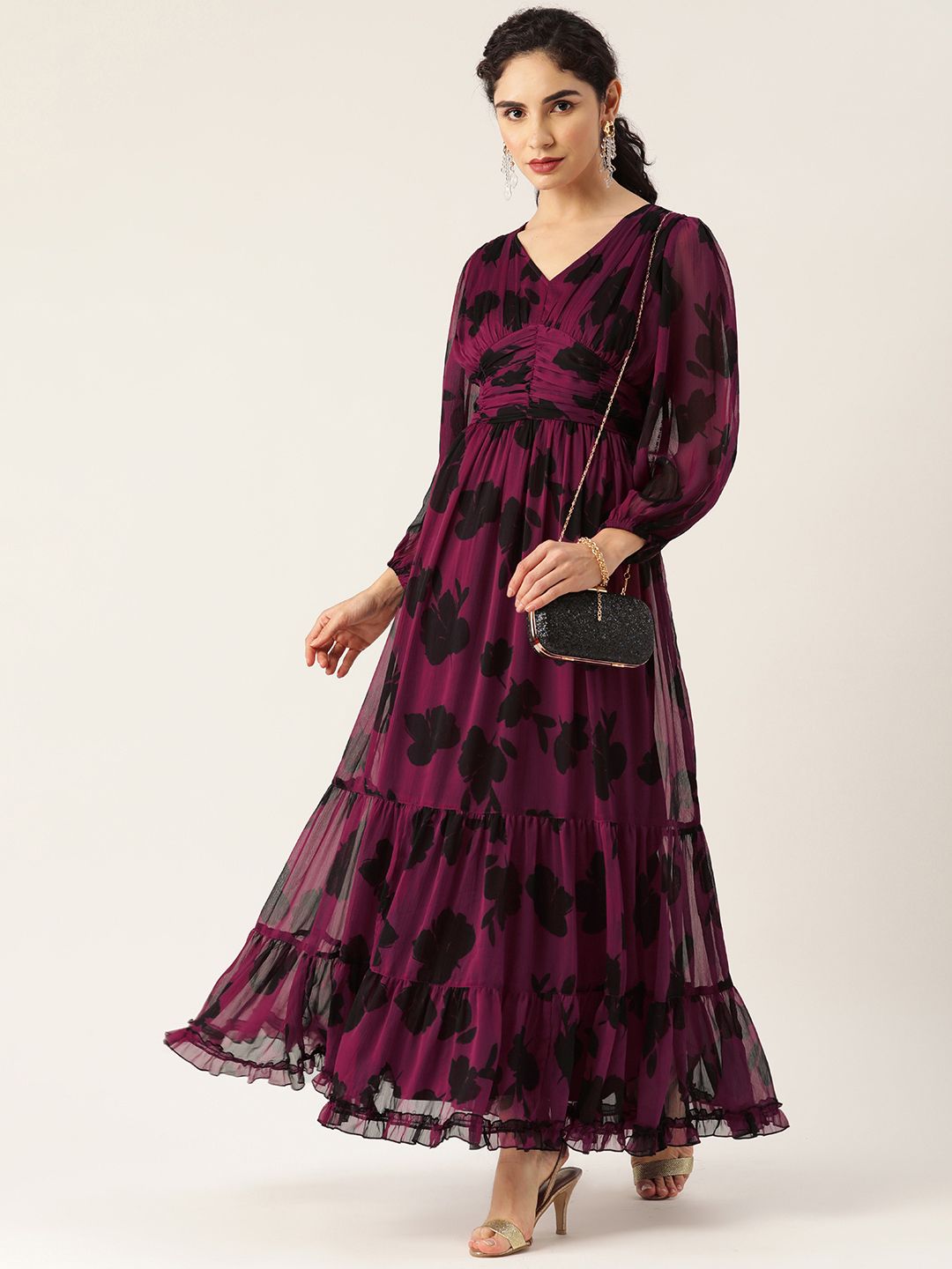 Antheaa Purple & Black Printed Tiered Maxi Dress