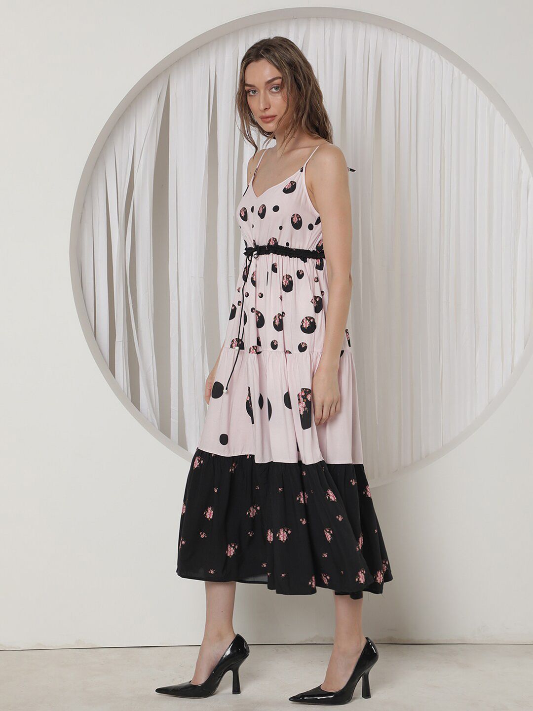RAREISM Floral Printed Tie-Up Detail Fit & Flare Midi Dress