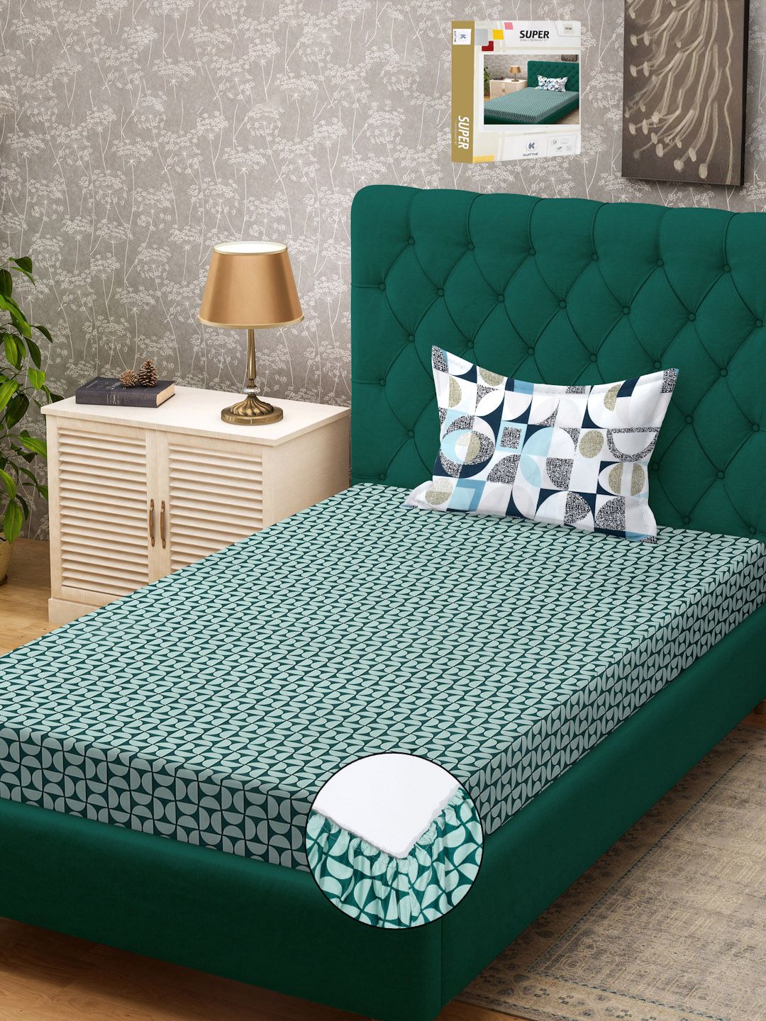 KLOTTHE Book Fold Green Printed Fitted 300 TC Single Bed Bedsheet With Pillow Cover