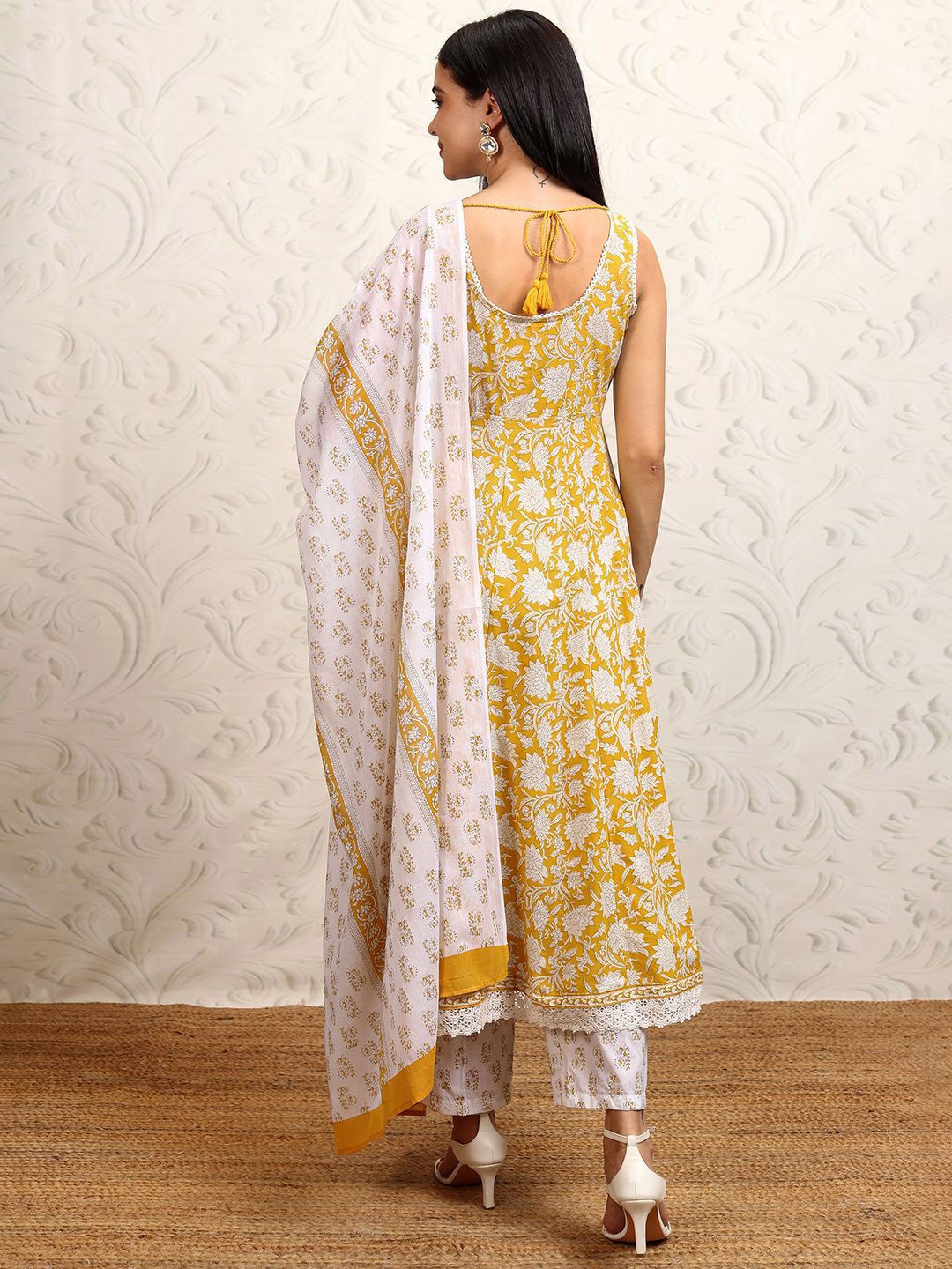 Vishudh Yellow Printed Sleevsless Pure Cotton Anarkali Kurta With Trousers & Dupatta