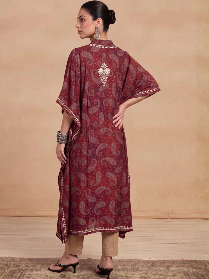 House of Chikankari Women Paisley Printed Thread Work Crepe Kaftan Kurta