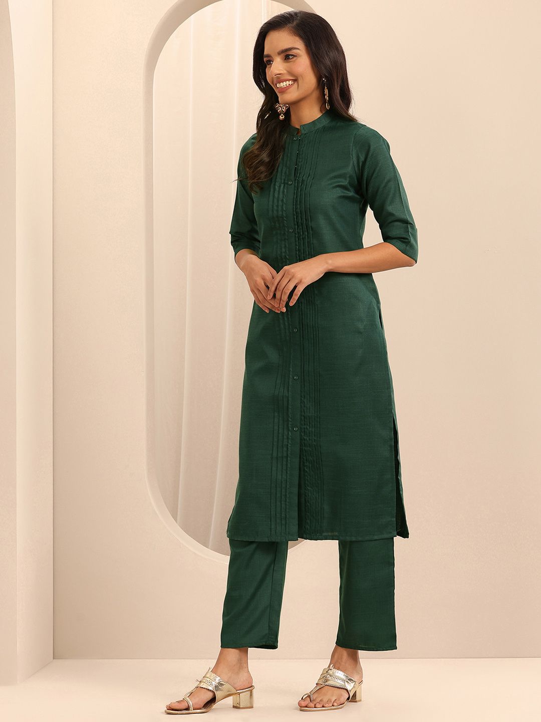 Libas Mandarin Collar Pleated Straight Kurta With Trousers & Dupatta