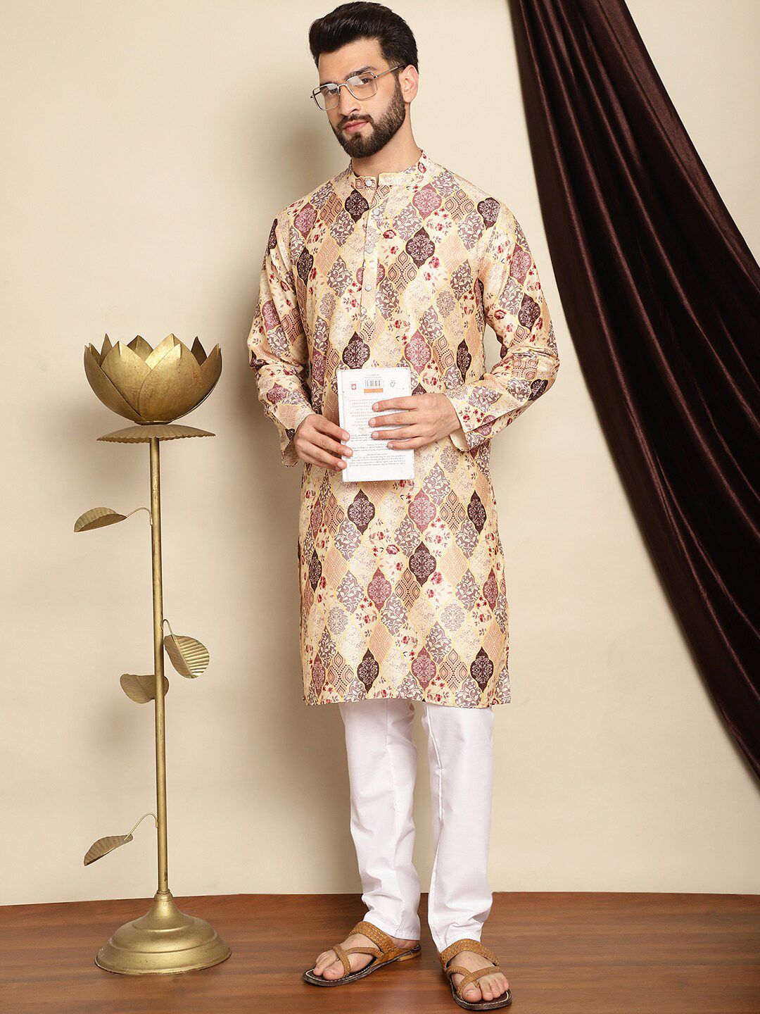 Anouk Beige Ethnic Motifs Printed Mandarin Collar Straight Kurta With Churidar