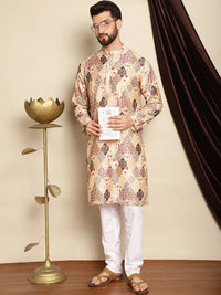 Anouk Beige Ethnic Motifs Printed Mandarin Collar Straight Kurta With Churidar