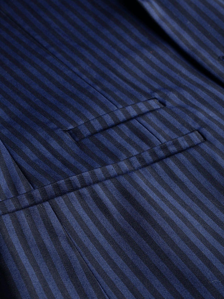 Park Avenue Men Navy Blue & Black Striped Super Slim Fit Single-Breasted Formal Blazer