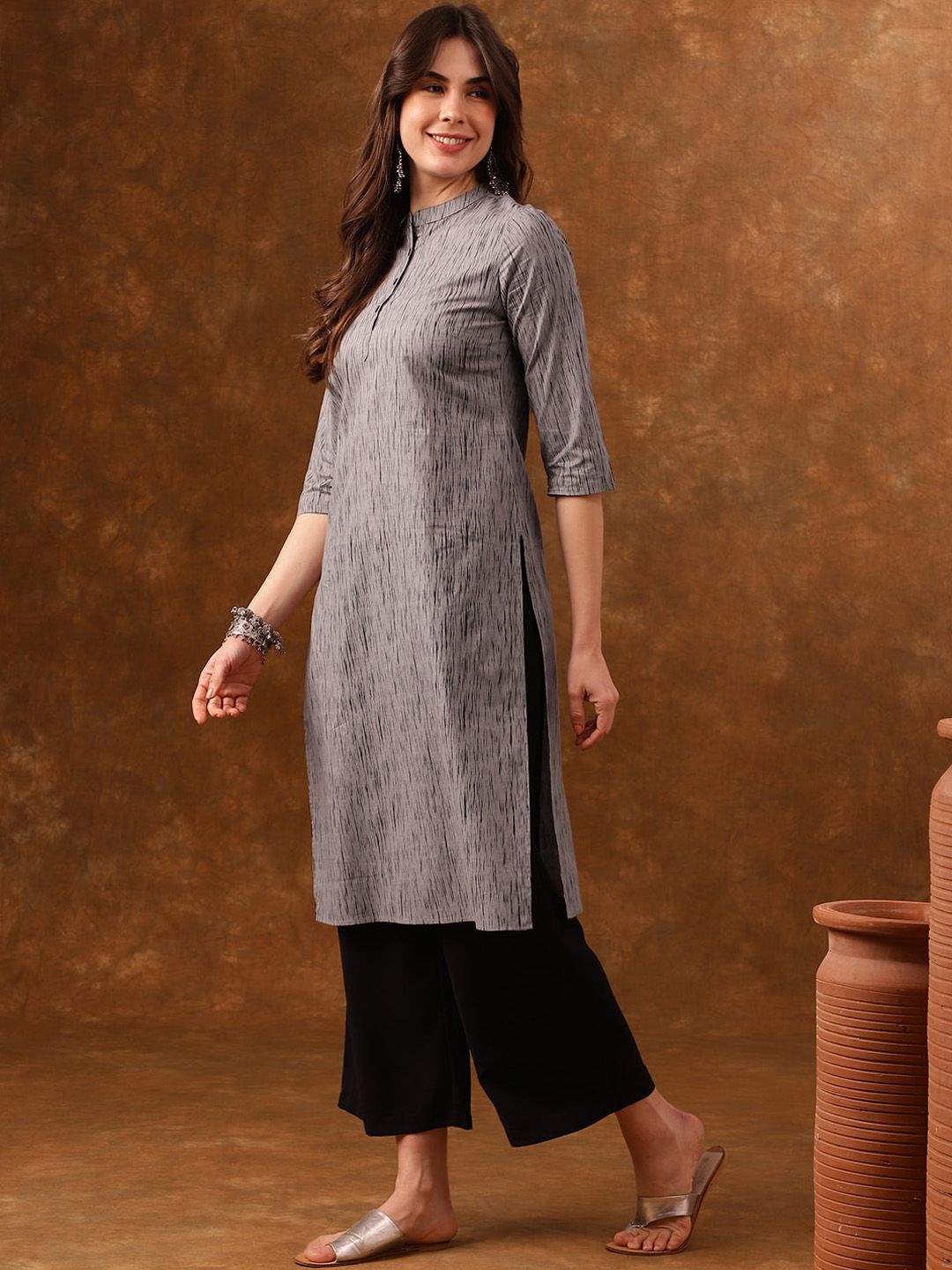 Anouk Grey Abstract Printed Mandarin Collar Cotton Kurta