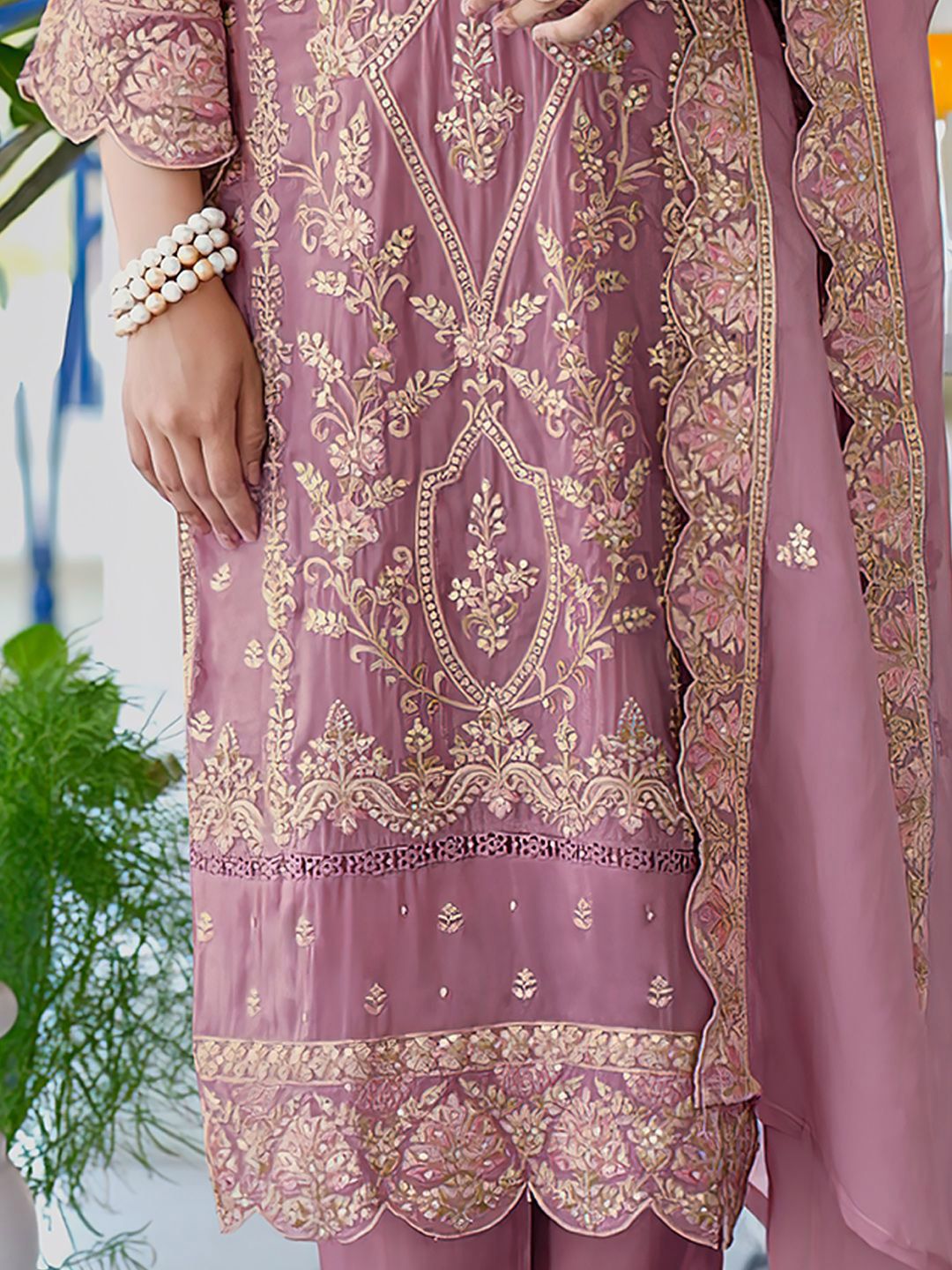 Indo Era Ethnic Motifs Embroidered V Neck Straight Kurta With Trousers & Dupatta