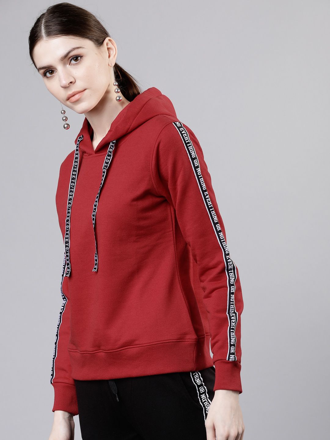 Tokyo Talkies Women Red Solid Hooded Sweatshirt
