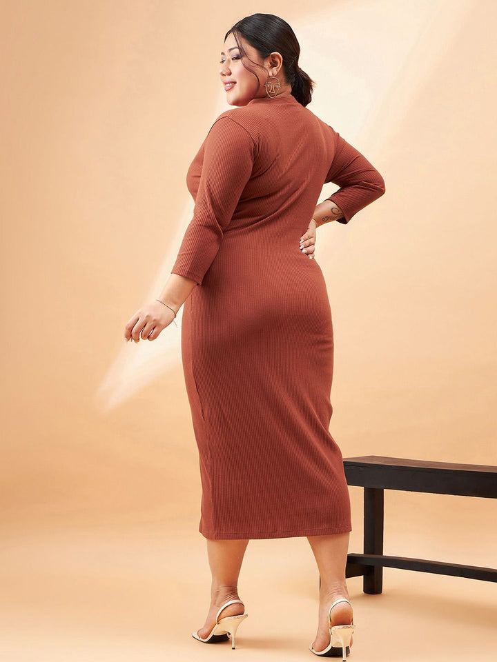 SASSAFRAS Curve Plus Size Rust Brown Ribbed V-Neck A-Line Midi Dress