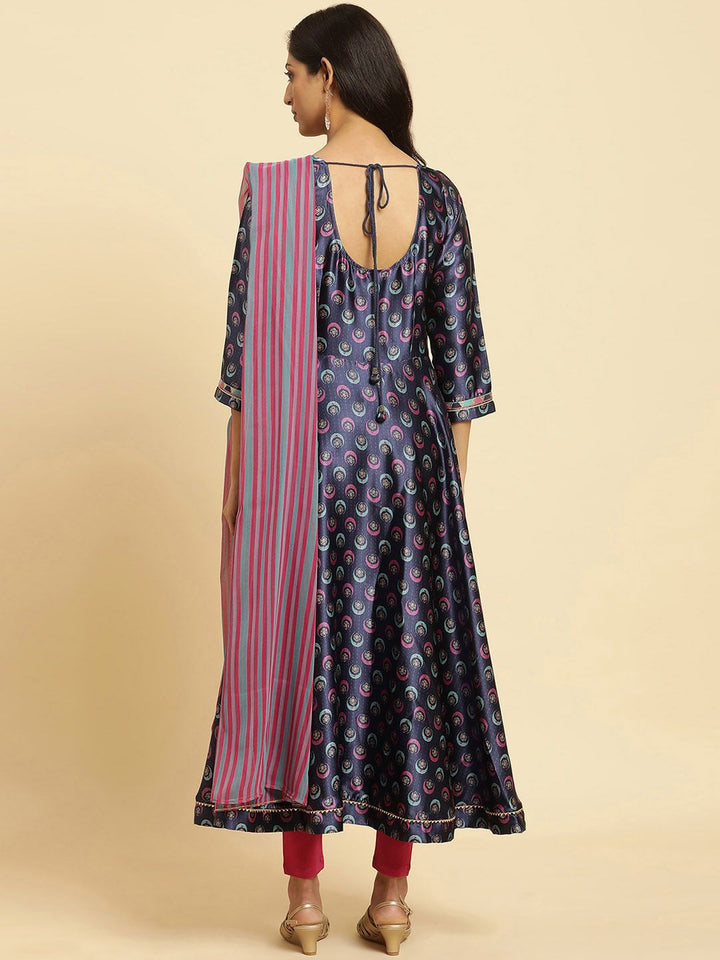 W Blue Ethnic Motifs Printed Regular Sequinned Kurta With Leggings And Dupatta