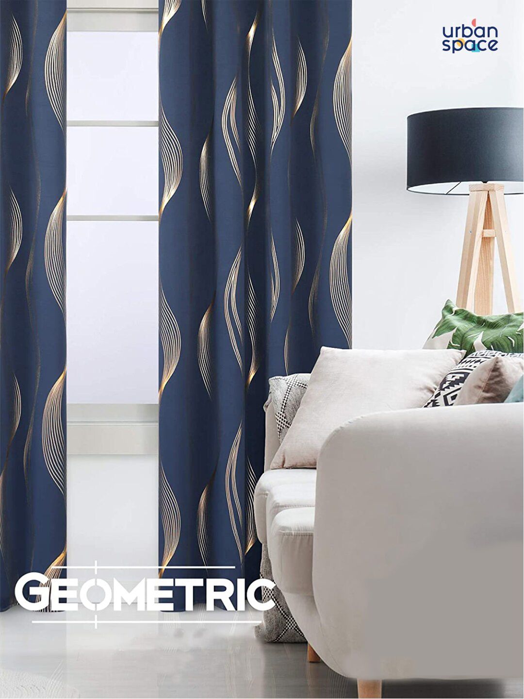 URBAN SPACE Navy Blue & Gold-Toned Printed Black Out Door Curtain