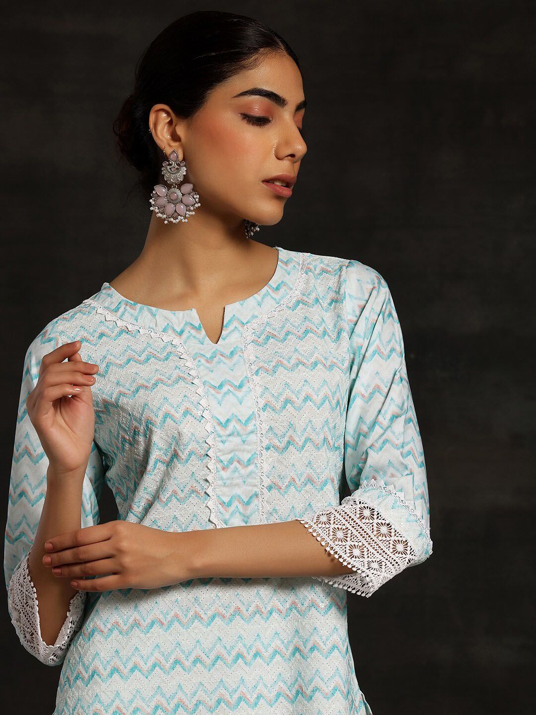 Libas Chevron Printed Regular Thread Work Kurta with Trouser & Dupatta