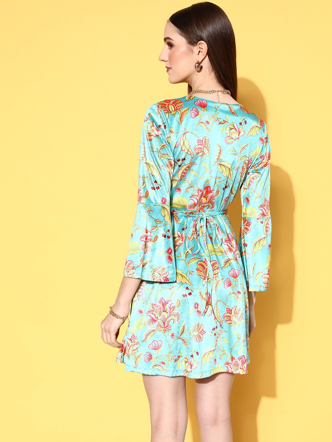 SASSAFRAS Women Stunning Turquoise Blue Floral Wrap It Up Dress