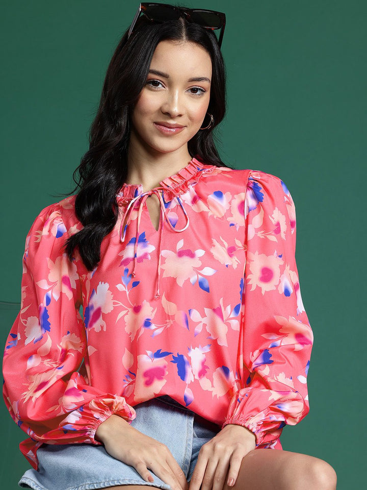DressBerry Floral Print Tie-Up Neck Puff Sleeve Top
