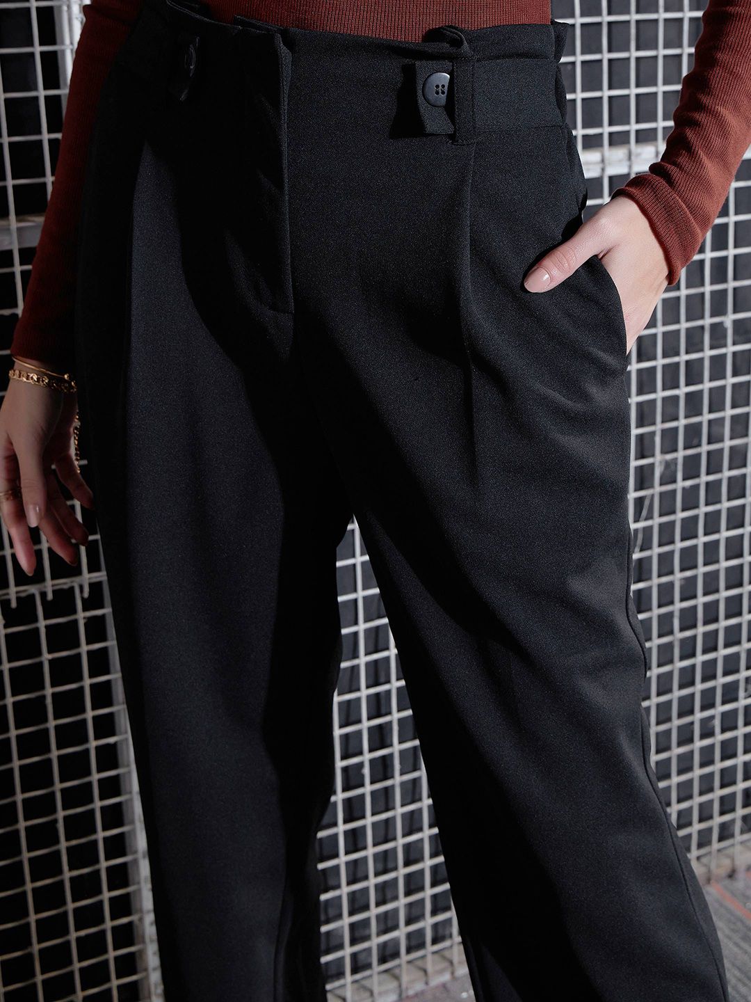 SASSAFRAS Women Black High-Rise Pleated Trousers