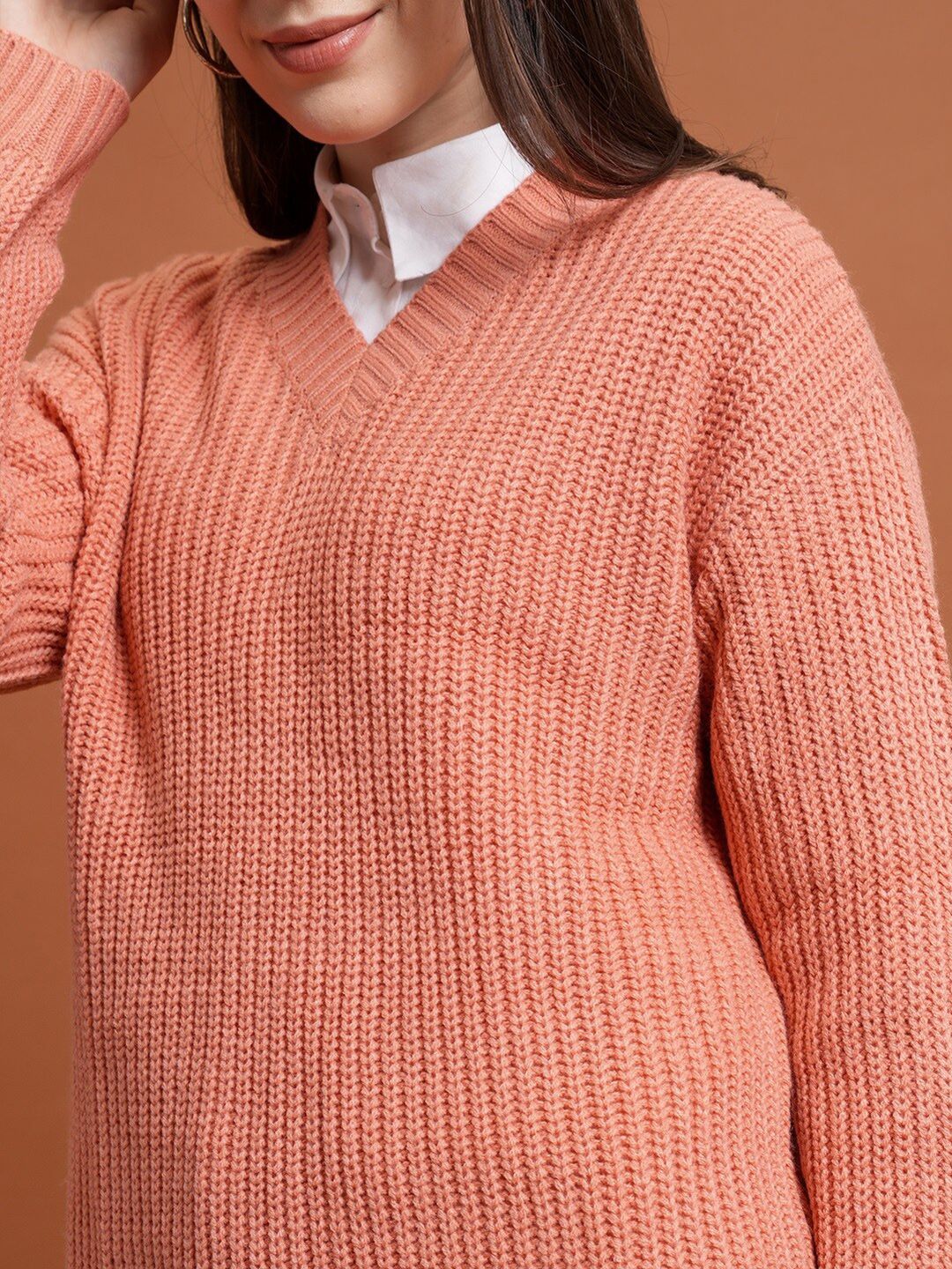 Tokyo Talkies Coral V-Neck Cable Knit Acrylic Pullover