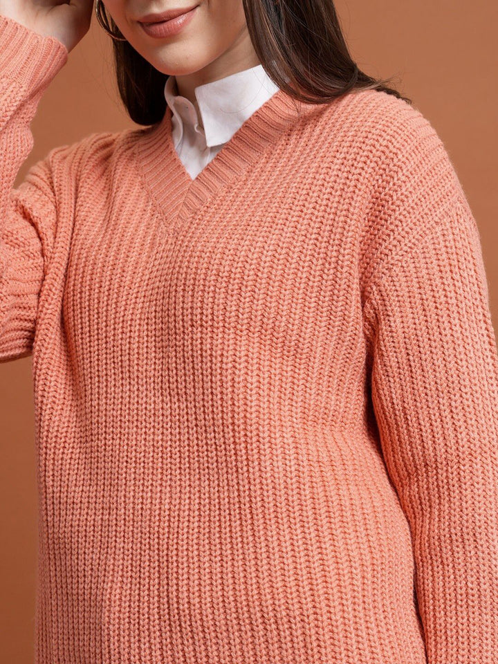Tokyo Talkies Coral V-Neck Cable Knit Acrylic Pullover