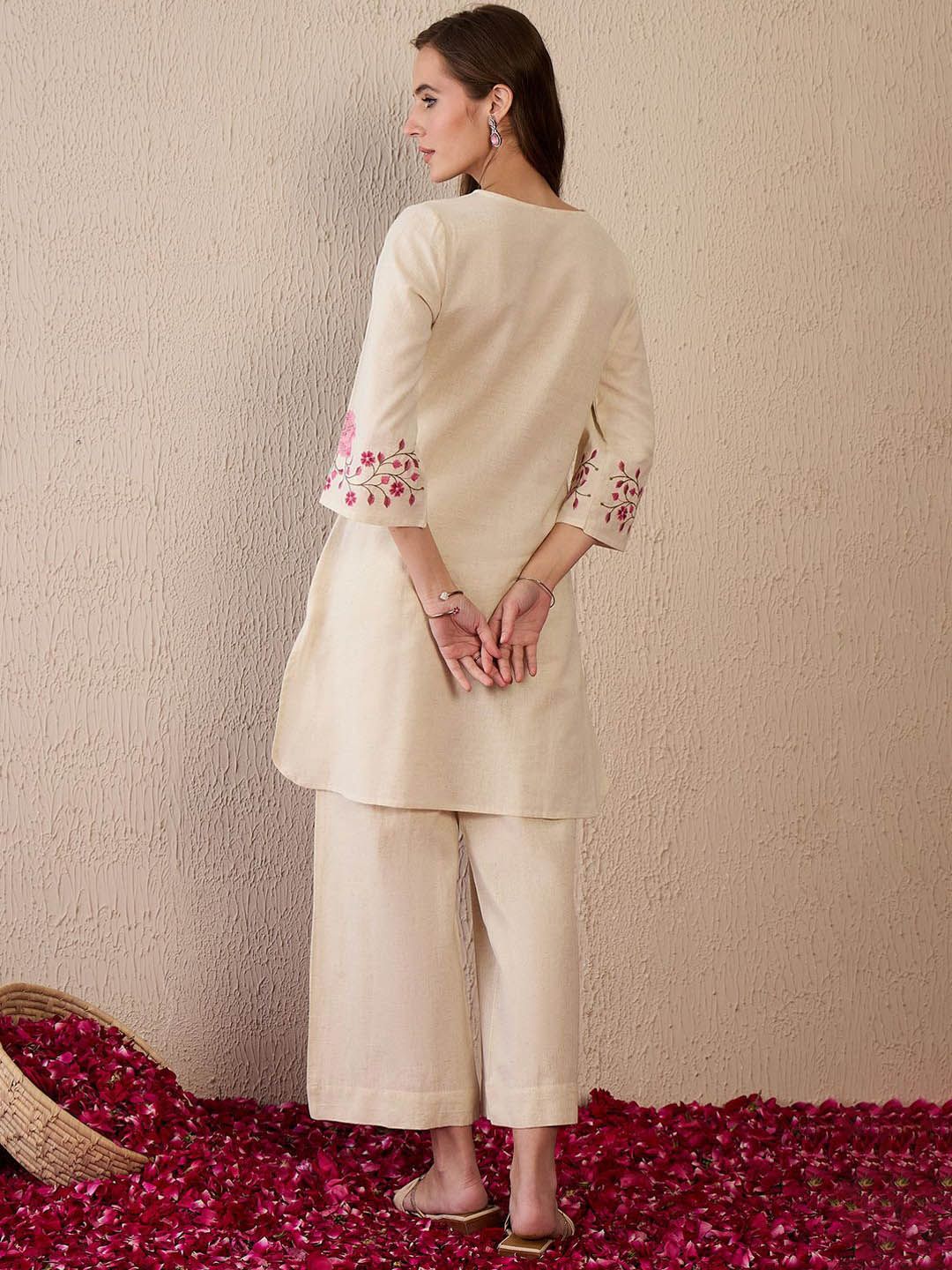 Indo Era Women Floral Embroidered Regular Thread Work Pure Cotton Kurta with Palazzos