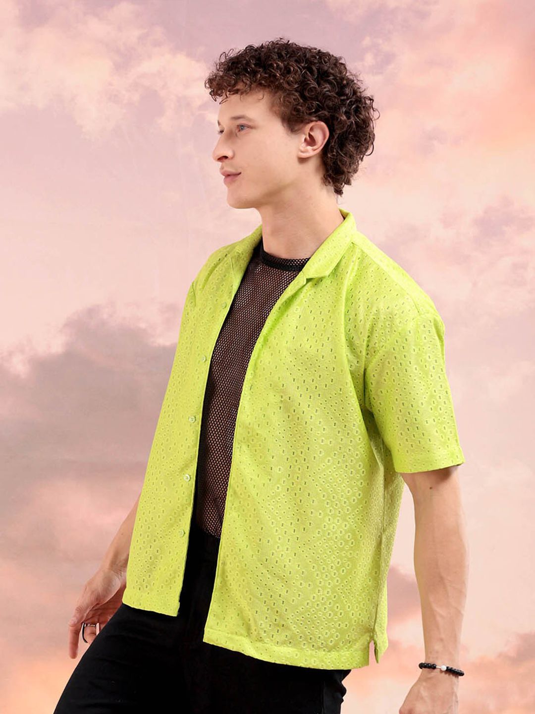 The Indian Garage Co Men Relaxed Fit Solid Warp Knit Lace Resortwear Shirt