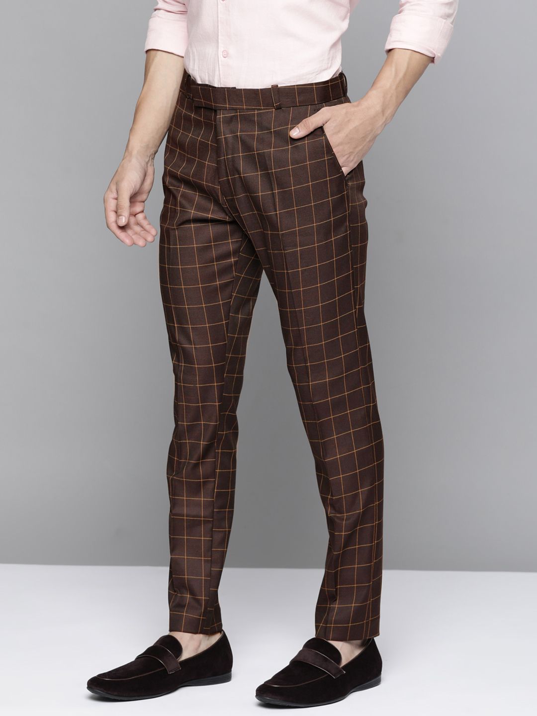 DENNISON Men Burgundy Checked Smart Tapered Fit Trousers