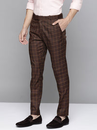 DENNISON Men Burgundy Checked Smart Tapered Fit Trousers