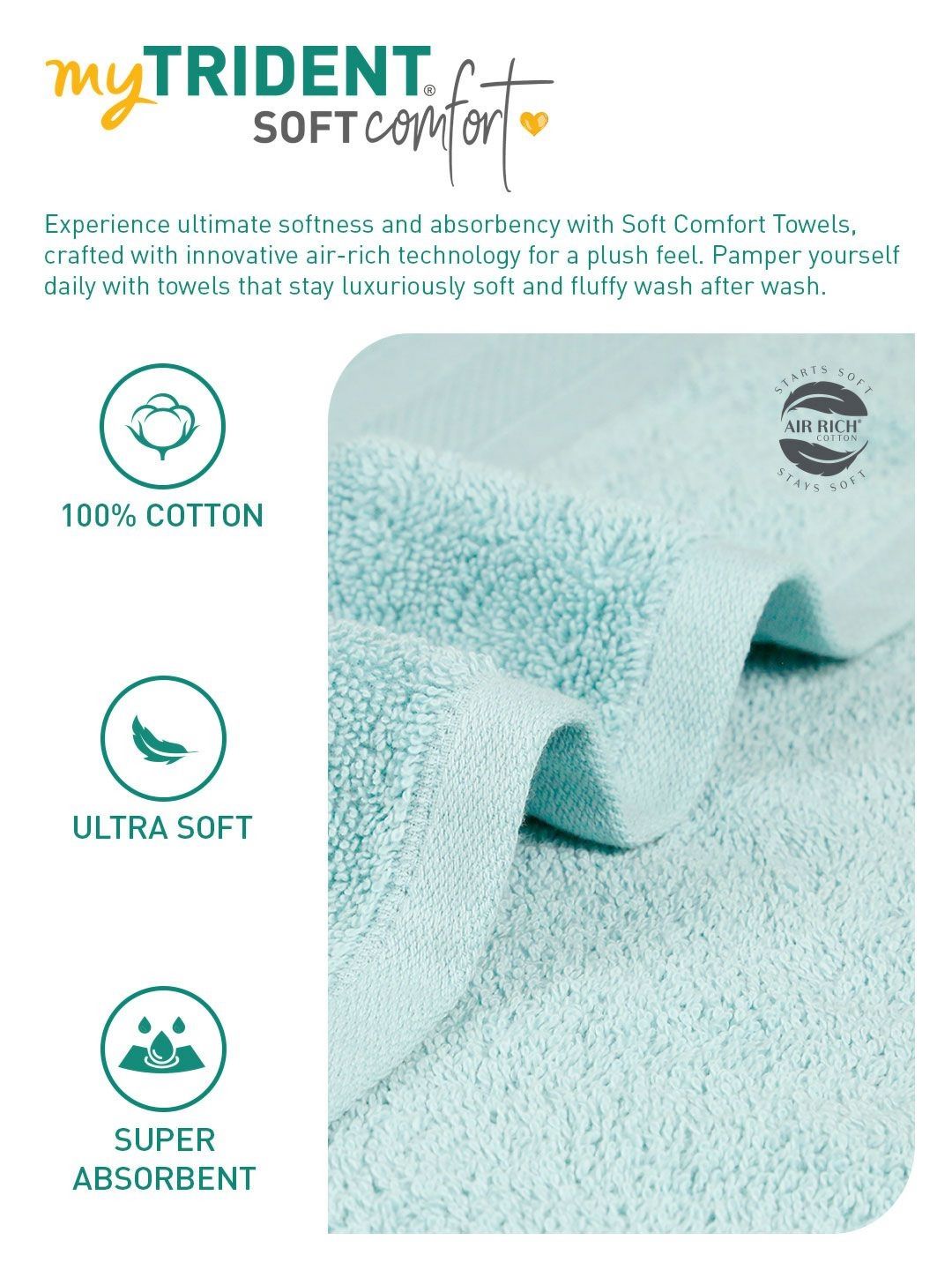 MYTRIDENT Blue 6 Pieces Pure Cotton 500 GSM Towel Set