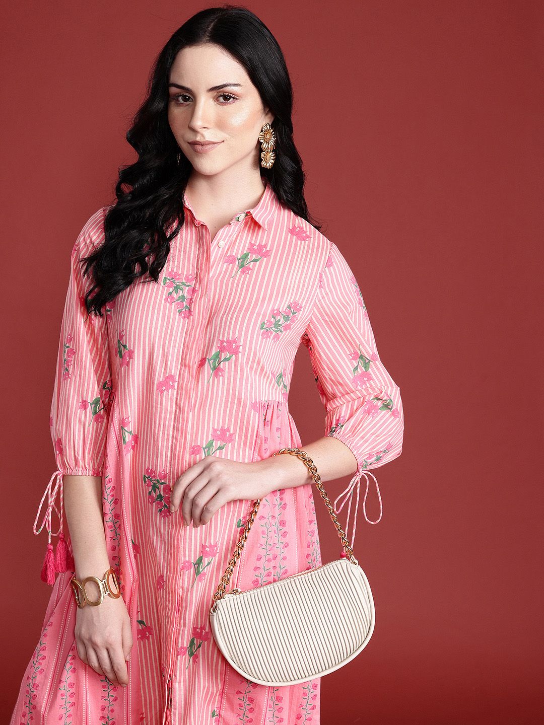 Anouk Floral Print Pleated Tasseled Shirt Collar Pure Cotton Ethnic Dress