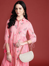Anouk Floral Print Pleated Tasseled Shirt Collar Pure Cotton Ethnic Dress